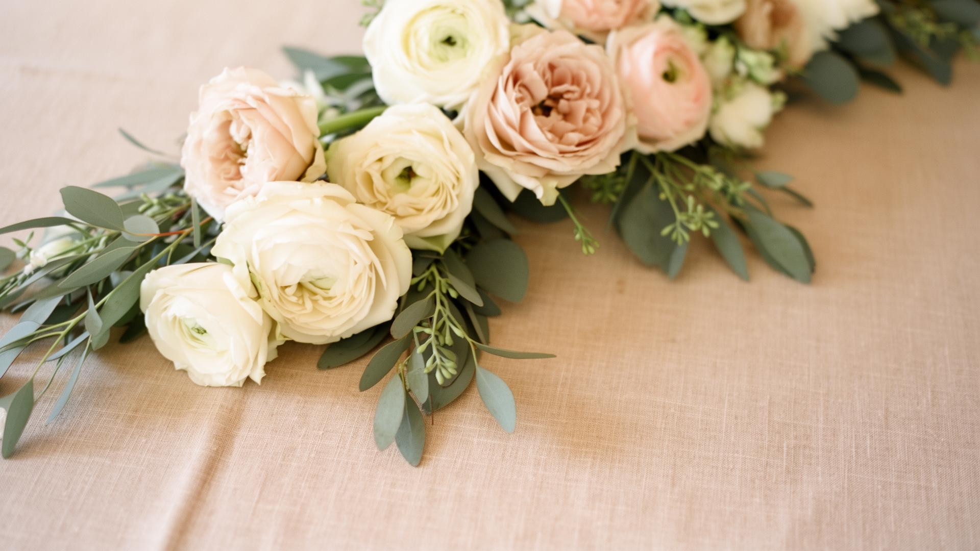 Zacht bloemstuk met crème en blush rozen op linnen
